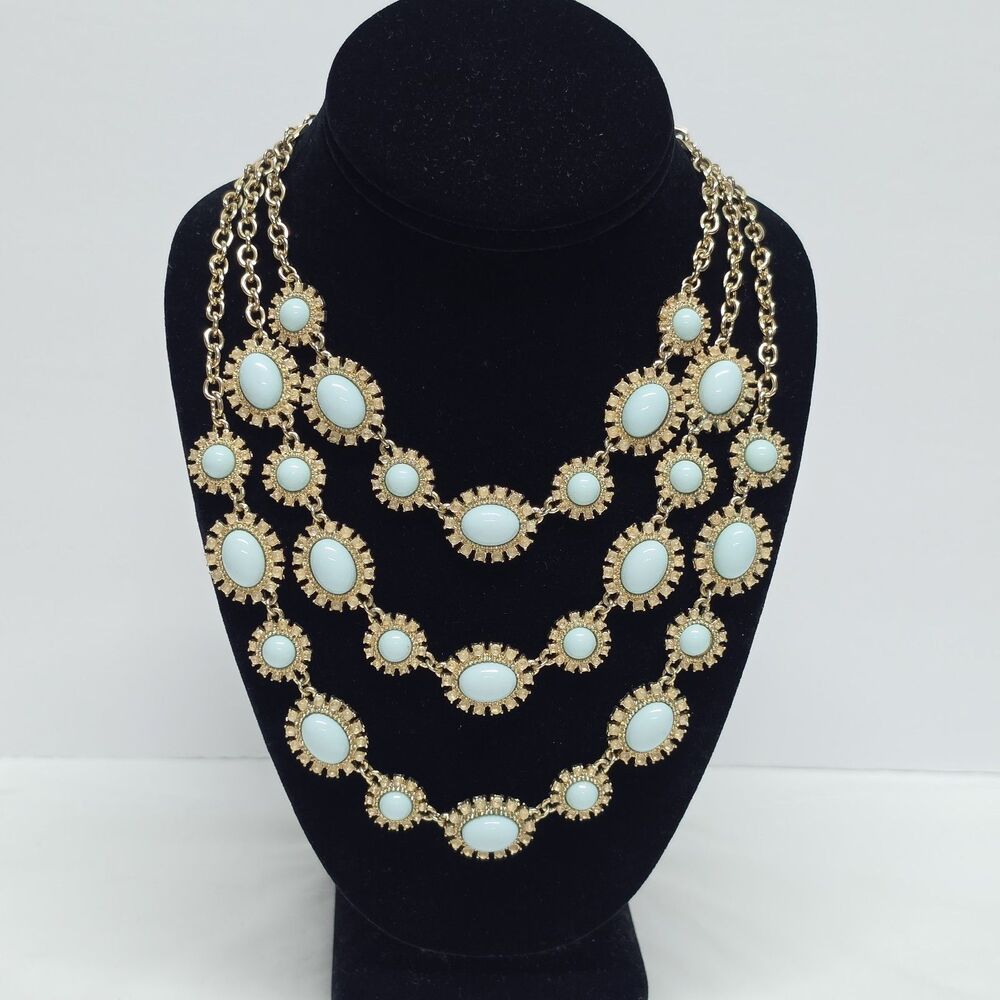 Charming Charlies Gold Tone Light Blue Cabochons Three Strand Bohemian Necklace